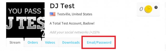 The email/password tab in myDJTT profiles.