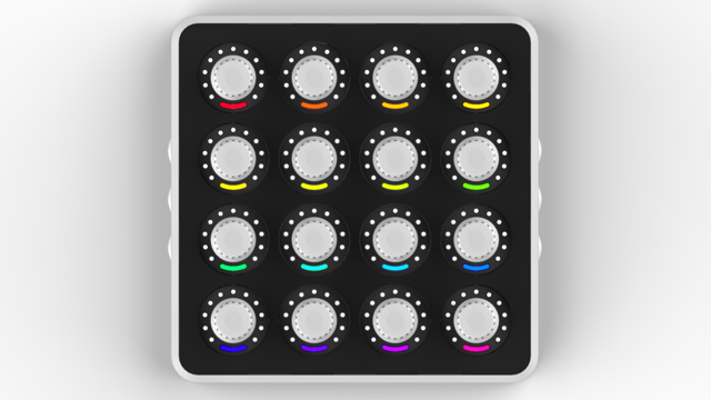 The Midi Fighter Twister with a white case and Chroma Caps.