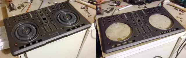 Before and after the Mixtrack's jogwheel removal